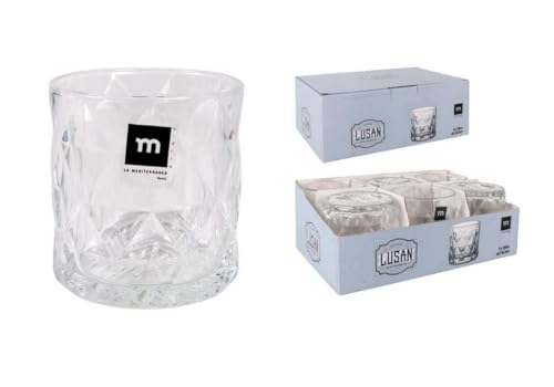Juego de 6 Vasos de Cristal Transparente - Para Agua, Whisky, Zumos, Refrescos | Set de 6 Tazas de Cristal Fuerte y Resistente - Uso Diario, Eventos, Hogar o Professional (Lusan - 350 ml)