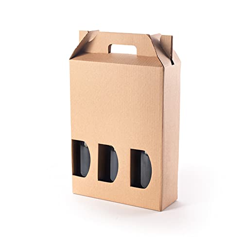 ONLY BOXES Pack 10 cajas estuche de cartón para 3 botellas de vino, cava, champagne o licor color marrón. Modelo automontable de caja con ventana para embalaje botellas muy original., AMA726