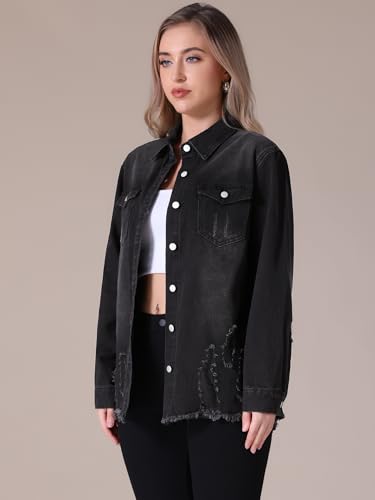 Women's Denim Jacket Frayed Hem Long Sleeve Ripped Distressed Jean Jackets2