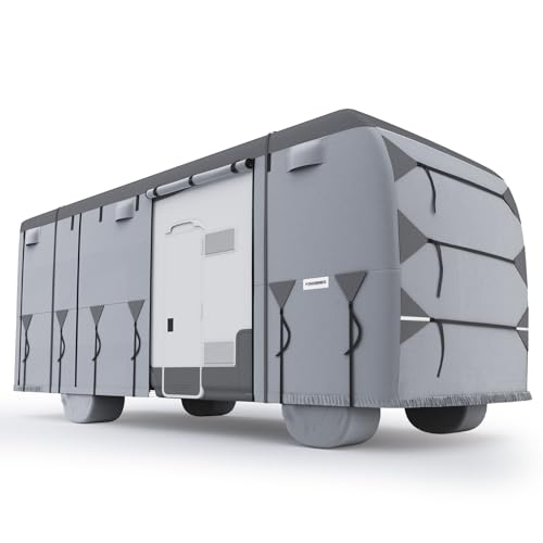 KING BIRD Oxford Fabric Class A RV Cover, 600D Oxford Camper Cover 23-26 ft Tearproof Waterproof Windproof Travel Trailer Cover with 2Pcs Extra Straps, 6 Gutter Covers & 4 Tire Covers