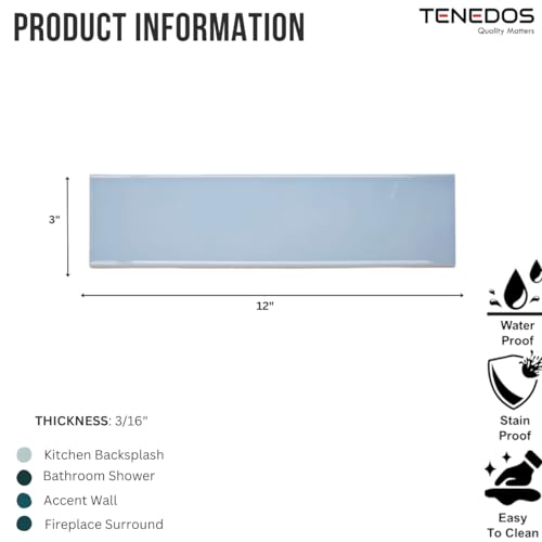 Tenedos 3x12 Sky Blue Ceramic Subway Tile – Box Covers 12 Sq.Ft. for Kitchen Backsplash, Bathroom Shower, Fireplace, and Accent Wall – Glossy Finish - Thumbnail 2