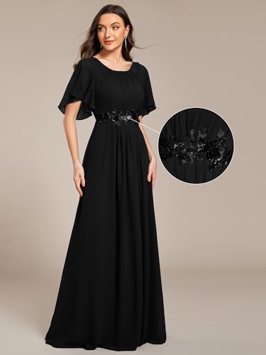 Image of Ever-Pretty Women's Classic Round Neck Pleated Short Sleeves Chiffon Appliques Floor Length A Line Formal Evening Dresses
