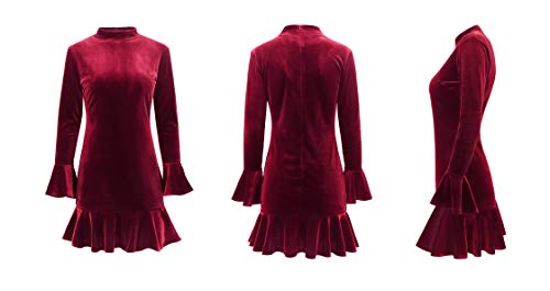 R.Vivimos Women's Winter Long Sleeve Velvet Ruffles Bodycon Mini Dress4