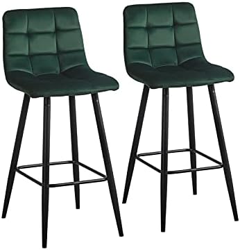 CLIPOP Bar Stools Set of 2 Green Velvet Breakfast Bar Chairs with Backrest and Matt Metal Legs, High Back Dining Stools for Kitchen Counter Pub