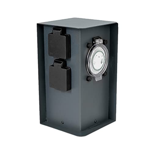 Grafner Edelstahl Design Gartensteckdose Zeitschaltuhr 2 Steckdosen anthrazit, ON/Auto, 3600 Watt, Pulverbeschichtung, Energiesäule Timer Mehrfach Metall Außen Steckdose 2-Fach schwarz lackiert