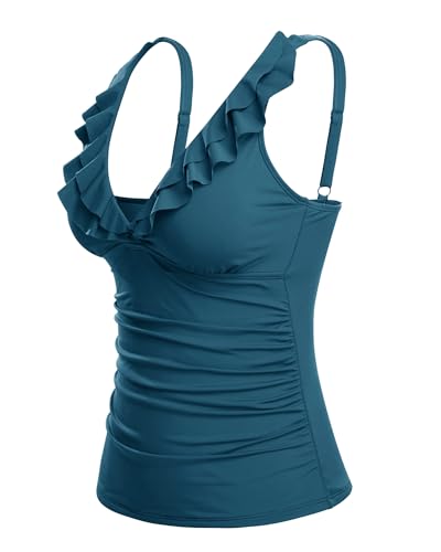 Image of Ruffle V Neck Tankini Top Only Women Tummy Control Swimsuit Tank Top | Removable cups for custom bust lift, Blend soft spandex to stretch easily