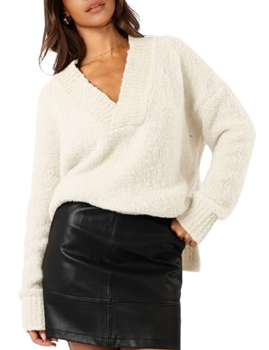 Daacee Oversized Fuzzy Pullover Sweaters for Women Trendy Long Sleeve Ribbed V Neck Knit Jumpers Tops