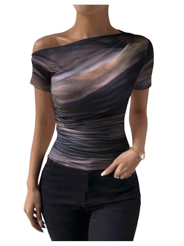 SOLY HUX Women's Off The Shoulder Tops Tie Dye Short Sleeve Going Out Tees Ruched Summer T-Shirts