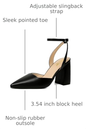 Image of RIBONGZ Block Heels for Women Closed Pointed Toe Heeled Slingback Chunky High Heel Ankle Strap Pumps Patent Leather Comfort Dressy Shoes for Work Party Prom Wedding Bridal Dress