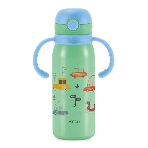 Image of MILTON Fountain 650 ISI Certified Stainless Steel Water Bottle, Leak Proof, Rust Proof, Single walled,1 Yr Warranty, Ideal Sipper Water Bottle for School Kids Bottle, 625 ml, Aqua Green (Cars)