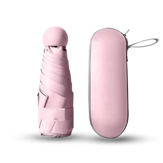 Guarda-Chuva Pocket Dobrável Pequeno e Portátil – Mini Guarda-Chuva de Bolso com Proteção UV, Super Compacto e Leve com Estojo em Formato Cápsula para Sol e Chuva (Rosa)
