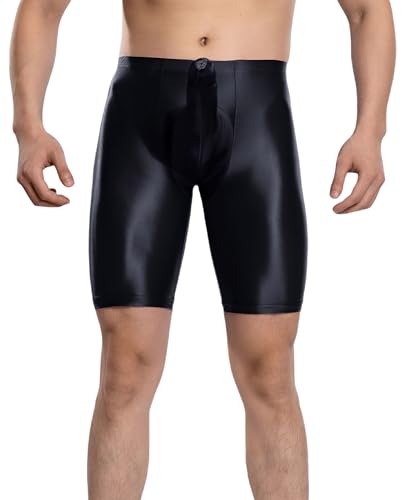 FEOYA Men's Shiny Glossy Oily Compression Shorts Tights Bulge Pouch Skinny See Through Sheer Trunks Bottoms for Bodybuilding