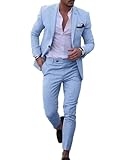 UNINUKOO Mens 2 Piece Suit Linen Summer Top Blazer Pants Sets Beach Wedding Wear Vacation Prom Suits for Men US Size S Sky Blue