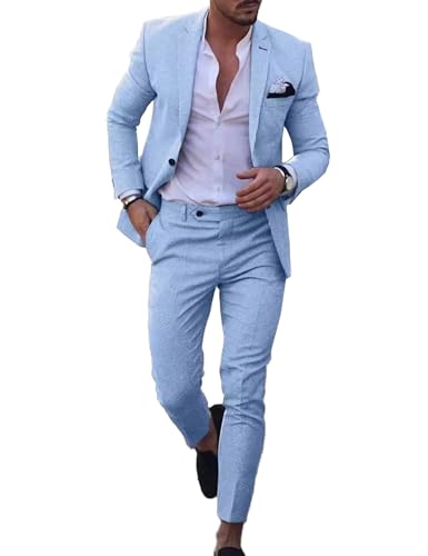 UNINUKOO Mens 2 Piece Suit Linen Summer Top Blazer Pants Sets Beach Wedding Wear Vacation Prom Suits for Men