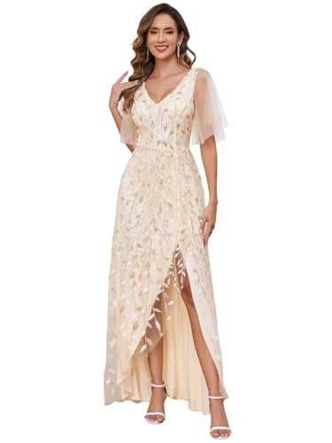 Women's Ruffle Sleeve Mother of The Bride Dresses for Wedding V Neck Sequin Long Evening Formal Gown with Slit