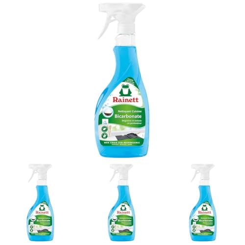 RAINETT - Spray Nettoyant & Dégraissant Cuisine au Bicarbonate - Haute Efficacité Dégraissante & Désincrustante - Spray Eco-Conçu - Flacon 100% Recyclé & Recyclable - Ecolabel - 500 ml (Lot de 4)