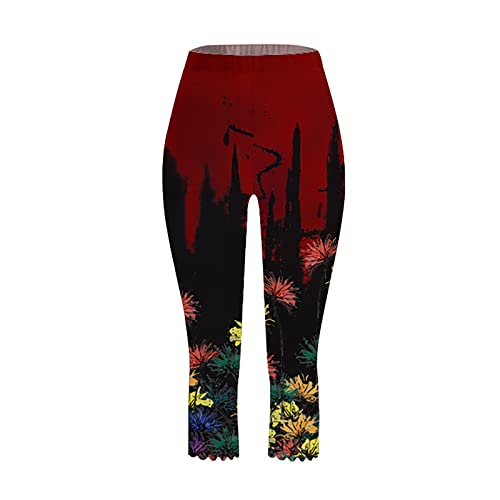 Women's High Waisted Yoga Capris Tummy Control Non See Through Workout Sports Running Capri Leggings Floral Print Tights Wine #TOP2