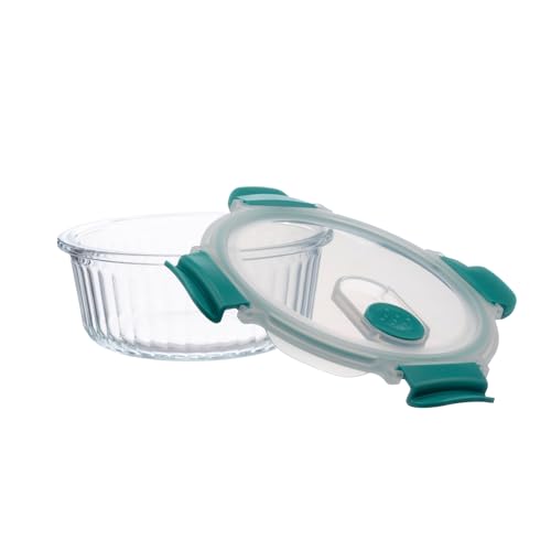 Image of Stegl 400ml Glass Food Container Airtight Storage Container with Slip-Vent Lid | Round Striped Design Meal Prep Food Container | Microwave & Fridge Safe