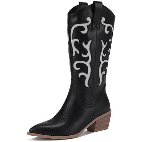 Monrovia Womens Cowgirl Boots Wide Calf Leather Western Cowboy Boots Mid-Calf Pointed toe Low Block Heel Embroidered Cowgirl Outfit Boots Black Size 8.5 Cover