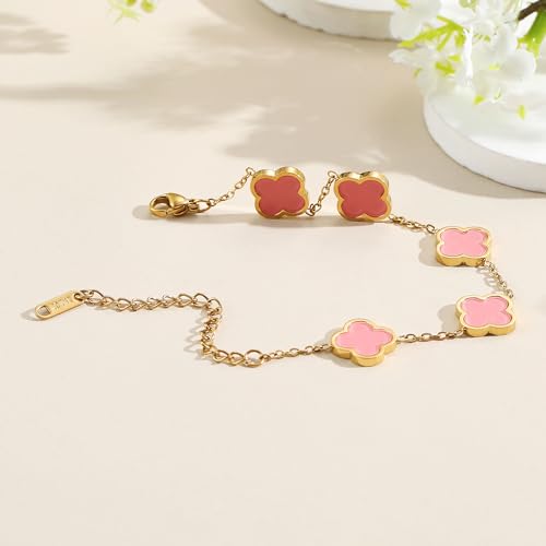 Image of AIPPK 18K Gold Plated Clover Lucky Bracelet for Women White /Black /Red /Green Flower Four Leaf Link Bracelets Trendy Jewelry Gifts for Women
