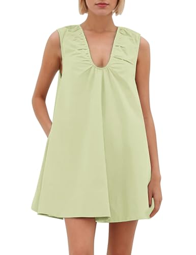 Image of MISSACTIVER Women's Sleeveless Babydoll Tank Mini Dress Scoop Neck Ruched Short Dress with Side Pockets Summer Party Dresses