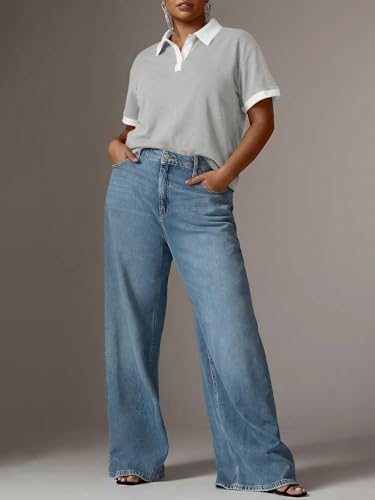 Fisoew Womens Plus Size Summer Tops Collared V Neck Polo Shirts Casual Short Sleeve Color Block Tee Loose Tunic Grey — view 5
