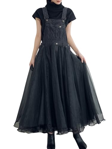 chouyatou Women's Sleeveless Denim Splicing Tulle Tutu Overall Dress Puffy