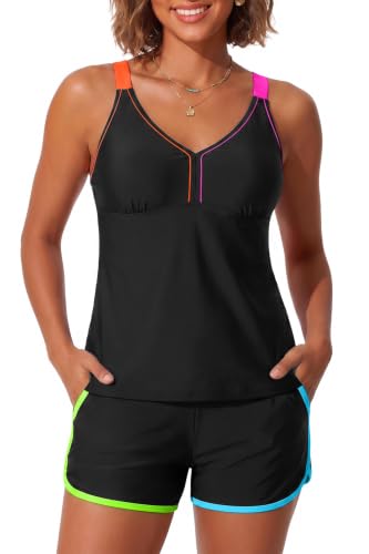 Image of Talisea Women 2 Piece Tankini Swimsuit with Pockets Boy Shorts Modest Bathing Suit Tummy Control Tank Top