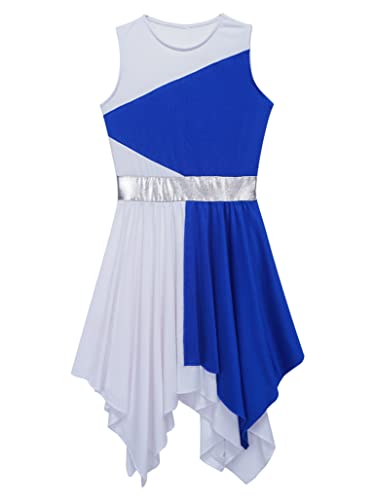 Tssoe Kids Girls Color Block Asymmetrical Lyrical Contemporary Dance Dress Sleeveless Praise Dance Tunic Bluewhite 10 Years #TOP4