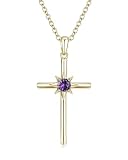 LOCIBLO February Birthstone Necklaces for Women 925 Sterling Silver Cross Pendant Yellow Gold Plated Purple Created Amethyst Necklace Crucifix Jewellery for Her, 16'+2'