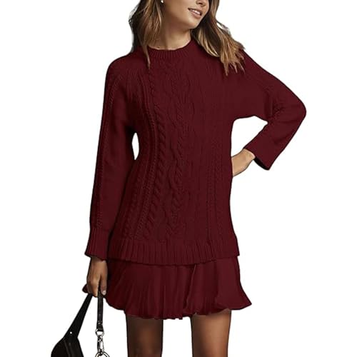 Women's Cable Knit Sweater Dress,2025 New Causal Crew Neck Long Sleeve Patchwork Pleated Knit Pullovers Mini Dresses