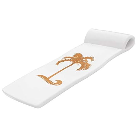 TRC Recreation Sunsation 1.75” Thick Vinyl Coated Foam Swimming Pool Float Mat Adult Lounger with Built-In Roll Pillow, White/Bronze Palm Cover