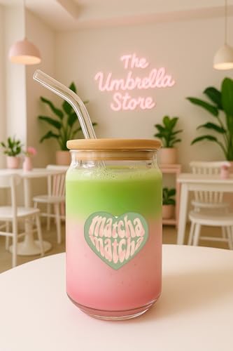 Image of THE UMBRELLA STORE Glass Tumbler Bamboo Lid and Straw, Coffee Tumbler, Reusable Glass (Matcha)