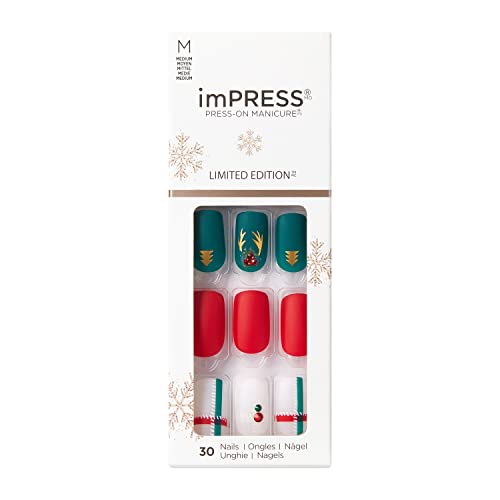 KISS imPRESS Limited Edition Holiday Press-On Manicure with PureFit Technology, Medium Square Press-On Nails, Style ‘Gift 4 You’, with Prep Pad, Mini File, Cuticle Stick, & 30 Fake Nails