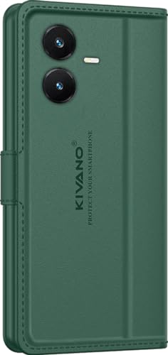 Image of KIVANO LUXE Compatible for Vivo Y22 Luxury Handmade Leather Magnetic Flip Folio Case | Card Holder & Kickstand | Slim Protective Cover | Unisex - Green