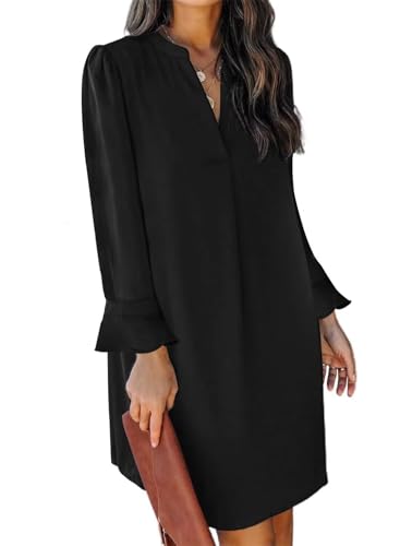 QACOHU Fall Dresses for Women 2025 Casual V Neck Long Sleeves Flowy Mini Tunic Dress