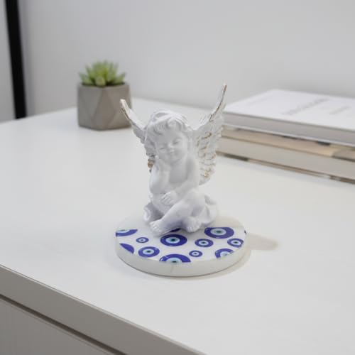 Image of HOMEARTE INDIA Baby Angel Showpiece with Evil Eye Marble Base - Decorative Guardian Angel Figurine for Home Decor, Living Room & Nursery | Spiritual Protection Gift Item