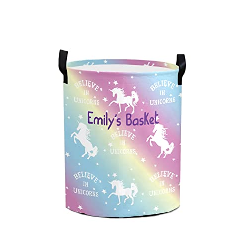 Rainbow Unicorn Personalized Freestanding Laundry Hamper, Custom Waterproof Collapsible Drawstring Basket Storage Bins with Handle for Clothes