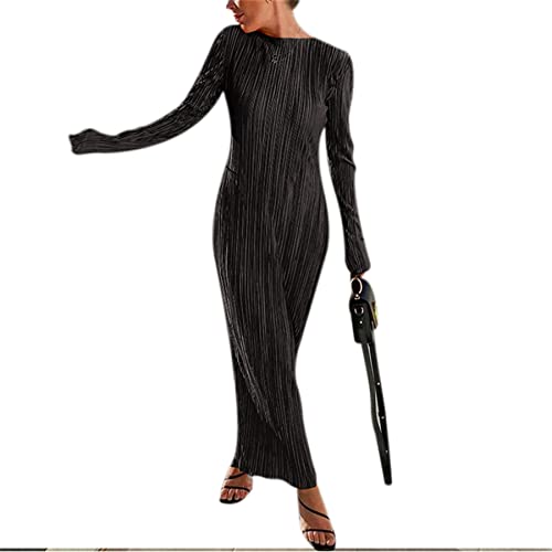 Aibearty Women's Pleated Long Sleeve Bodycon Maxi Dress Solid Color Crew Neck Plain Casual Party Club Long Dresses #TOP1