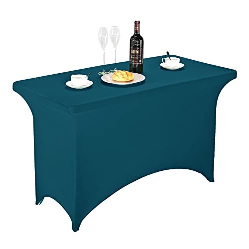 Image of FORLIFE Spandex Table Cover - Fitted 4ft Rectangular Tablecloth, Stretch Patio Cover, Universal for Wedding, Banquet, Party (Peacock)