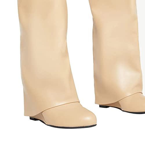 Image of Arqa Knee High Boots Womens Wedge High Heels Shark Boots Fold Over Pull-on Pointed Toe Tall Fashion Boots for Women