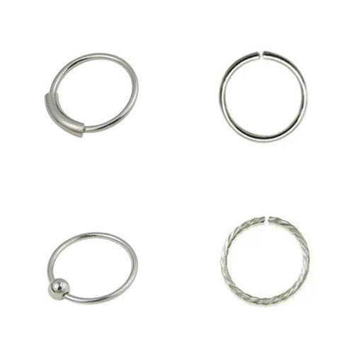 Tienda 4 aros nariz diferentes, plata de ley 925, pequeños, diametro interior 7mm y finos, grosor 0,6mm. 2 aros nariz con cierre y 2 aros nariz sin cierre. (GNAZ30Z4a)