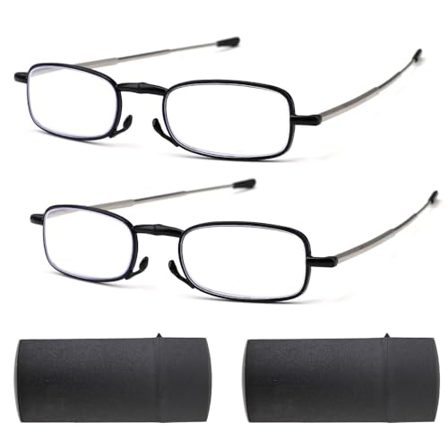 2 Pairs Folding Reading Glasses +2.0, Blue Light Blocking Reader Magnify Compact Small Portable Presbyopic Glasses With Flip Case, Black Readers Anti Blue Reading Glasses Pocket Size for Men and Women