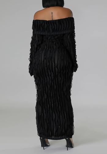 LETSVDO Women's Maxi Off Shoulder Dress Long Sleeve Button Down Ruffle Mesh Bodycon Sexy Dresses Stretchy3