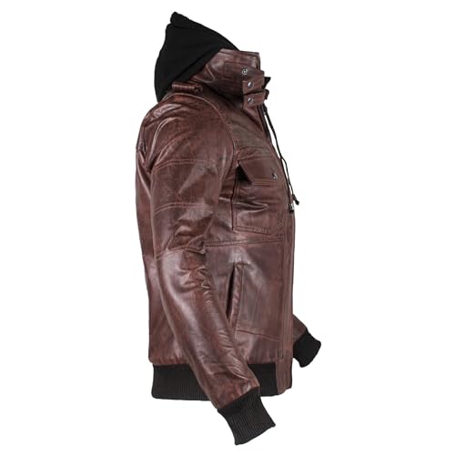 Image of Hooded Leather Jacket For Men | Bomber Leather Jacket Mens with Removable Hood