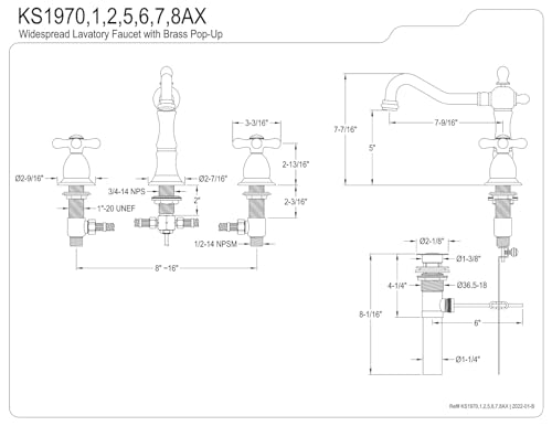 Kingston Brass KS1977AX 8 in. Widespread Bathroom Faucet, Brushed Brass, 8 x 7.56 x 7.44 thumbnail 5