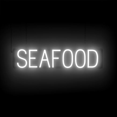 Image of SpellBrite LED Neon SEAFOOD Sign for Business - White, 28 inch x 6 inch | Ultra-Bright Click-Together Signage for Restaurants, with Visibility from 500 Feet - 8 Animations, 6 Brightness Settings