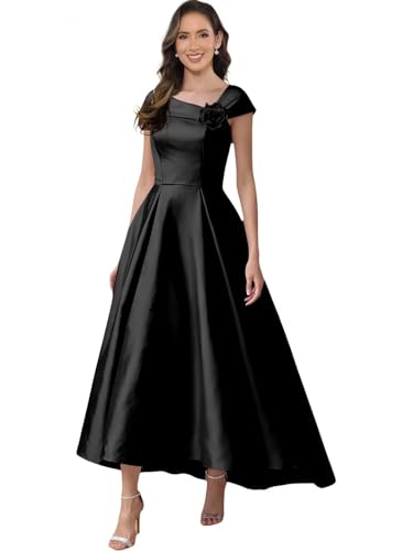 Satin A Line Mother of The Bride Dresses with Pockets Asymmetric Neck Hi-Low Tea Length Flower Formal Evening Gown4