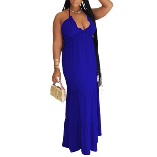 Image of TOPSRANI Womens Sleeveless Maxi Dress Halter Casual Backless Smocked Tiered Ruffle Flowy Sexy Slip Sling Strap Dresses