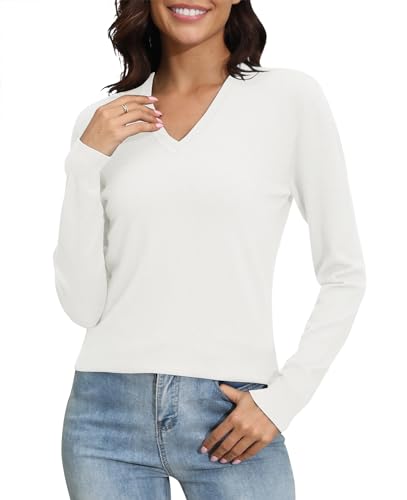 Image of EXCHIC Women's Long Sleeve V-Neck Casual Sweaters Fall Classic Soft Knit Top 2026 Fit Basic Pullover Tops